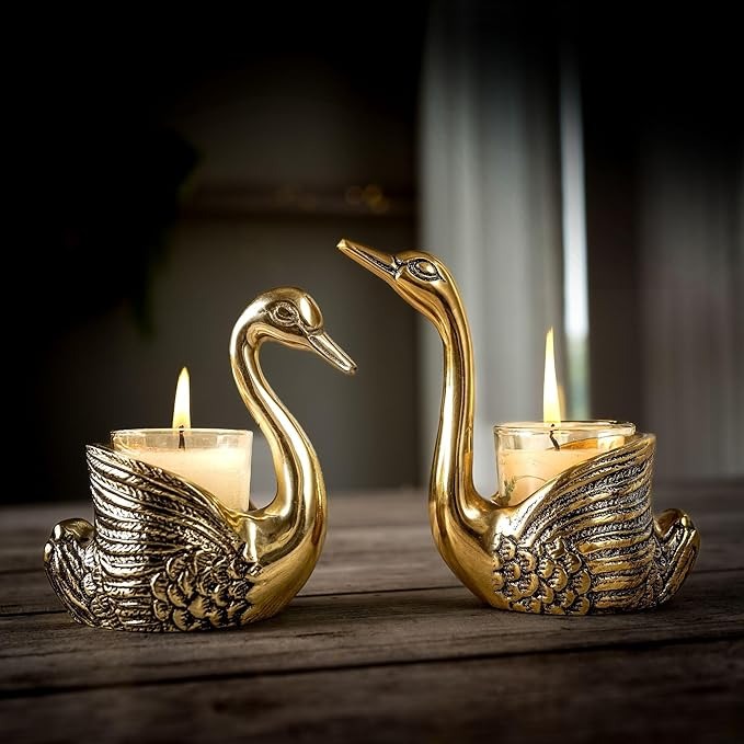 BEHOMA Aluminium Pair of Swans for Good Luck and Love | Candle Holder for Home Decor Tabletop Living Room | Showpiece for Gifting Anniversary Diwali & Navratri Pooja (Candles/Plants Not Included),Gold