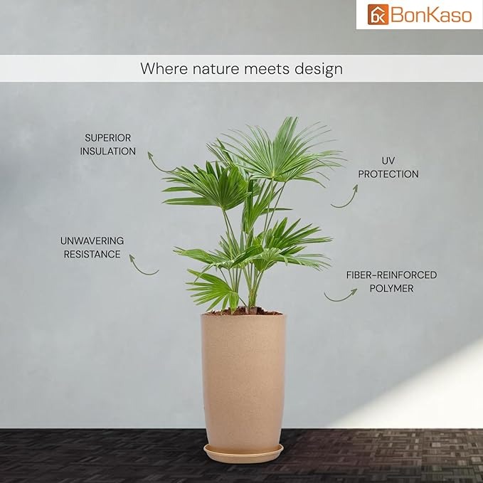 BonKaso 18 inch Beige Marble Finish Flower Pot – Tall, Durable & Lightweight Polymer Tower Planter for Indoor & Outdoor Use: Home, Office, Garden & Balcony (Gamla/Gamale)